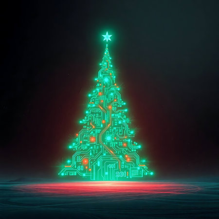 Circuit board christmas tree, 3d render, square imageの素材