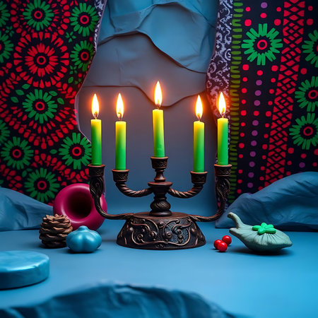 Burning candles in the shape of a candlestick on a dark backgroundの写真素材