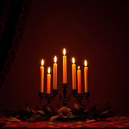 Burning candles in a candlestick on a dark background.の写真素材