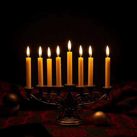 Hanukkah menorah with burning candles in front of black backgroundの写真素材