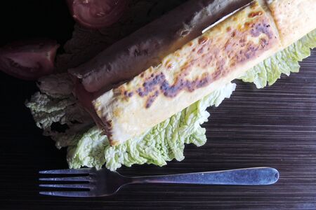 chicken kabob with salsa and yogurt on a flatbreadの写真素材