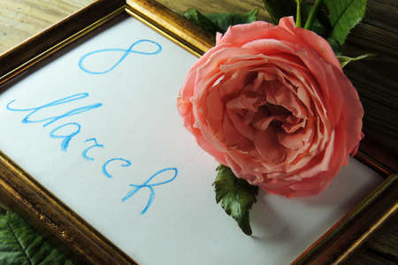 Rose and blank photo frame on wooden background. March 8