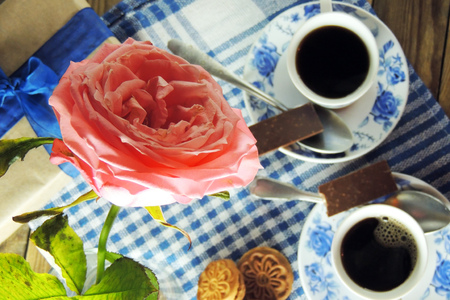 Romantic Breakfast for two, rose, coffee and biscuits. March 8の写真素材