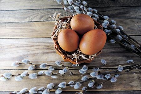 Easter background. Chicken eggs and vine willow