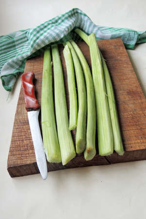 rhubarb stalks with leaves, freshly picked from the garden on a wooden table, closeup with selected focus, narrow depth of fieldの写真素材