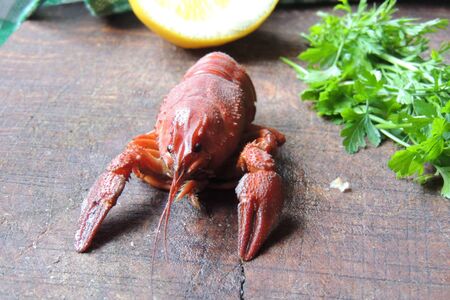 Lobster, herbs and lemon on wooden Board