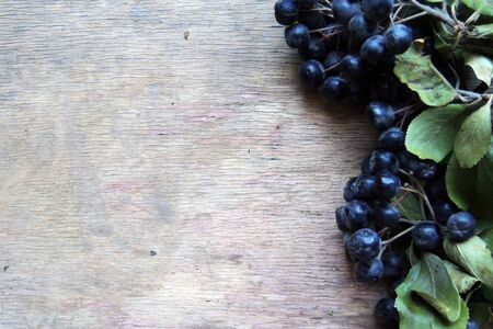 Background image. Red rowan on an old wooden boardの写真素材