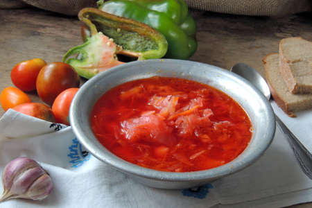Ukrainian and Russian National vegetable soup - red borsch in the pot