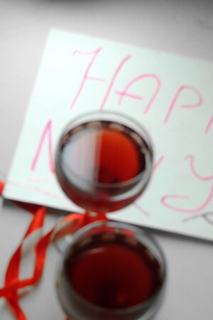 Red wine and the words happy New Yearの写真素材