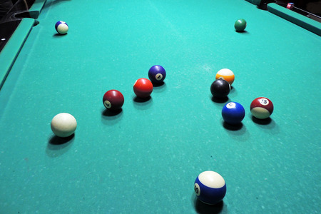 Billiard table with balls. Close-up. Narrow depth of field.