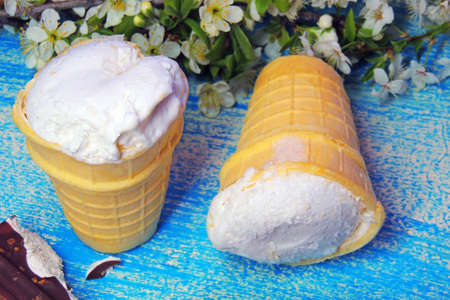 Ice cream cones and chocolate briquette. Cold dessertの写真素材