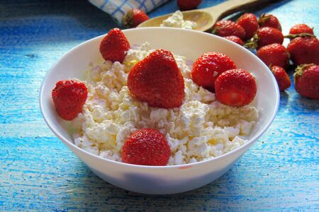 Dessert of cottage cheese with fresh strawberriesの写真素材