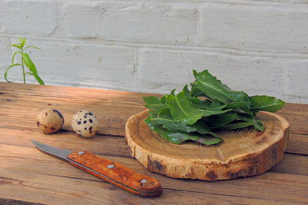 Fresh salad in a pot. On the black wooden table.の写真素材