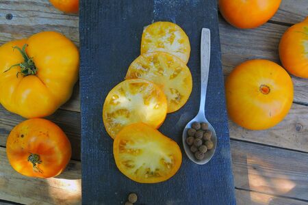 red and yellow tomatoes with a cool plan and peppercornsの写真素材