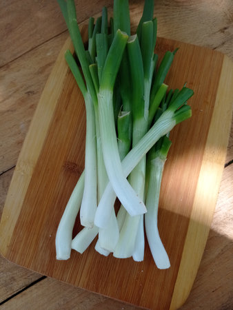 Fresh spring onions on a wooden cutting board. fresh spring onions.の写真素材