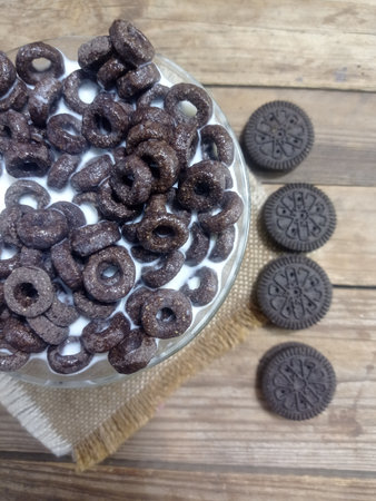Chocolate cereal balls in a glass bowl with milk on wooden tableの写真素材
