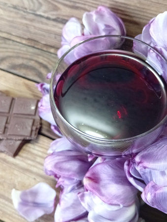 A glass of red wine on a wooden background with tulips and chocolate.の写真素材