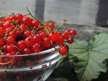 Red currant in a glass bowl on a wooden table. Selective focus.