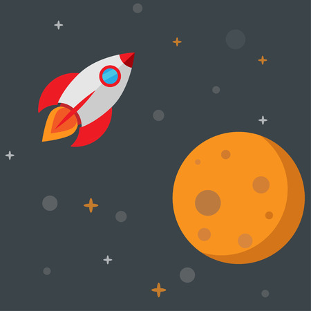 Space cosmic flat style with a planet, a rocket, stars on a gray background.のイラスト素材