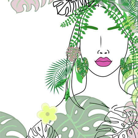 tropical girl with leaves and flowers in her hair. Vector illustration.のイラスト素材