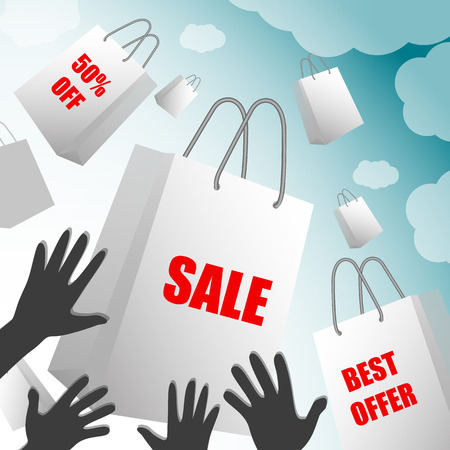 White paper bags with sales labels falling into the hands of buyers on blue sky background with clouds. Sale, Best Offer, Shopping,, Business, Valentines Day, Black Fridayのイラスト素材