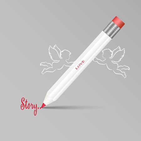 Two Cupids writing a love story with a big white pencil on a gray background. The concept of love, romance, wedding, for Valentines Day.のイラスト素材