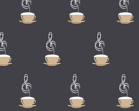 Seamless pattern with coffee cappuccino cup with stemming music treble clef on black coffee stile background. Vector illustration.のイラスト素材