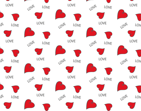 Seamless pattern with red hearts and word love on white background. Simple beautiful print for wrapper, napkins, wallpaper, fabrics and other. Valentine's day, wedding, romance. Vector EPS 10のイラスト素材