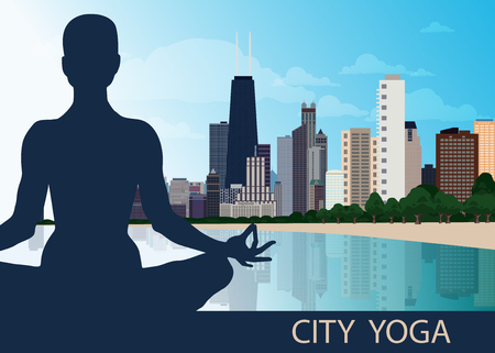 Female silhouette doing Yoga lotus asana. With City Chicago skyline, skyscrapers, blue sky, river. Vector illustration.のイラスト素材