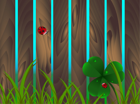 Spring clover, ladybugs, grass on wooden brown garden fence background. St. Patrick's day, Saint, Patrick, holiday, nature, good luck, flower, leaf texture summer village Vector.のイラスト素材