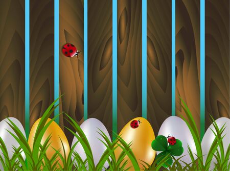A row of dyed easter eggs in green grass next to wooden country garden fence with red ladybugs. Spring holiday vector background.のイラスト素材