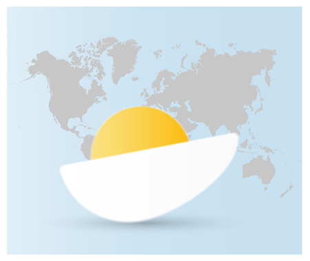 Vector logo a half boiled egg with yellow yolk and whire protein on light gray background with world map. Illustration for World Egg Day, Easter or another holiday.のイラスト素材