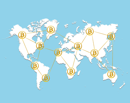 Golden bitcoin signs on World map on sky blue background. Bitcoin cryptocurrency digital payment system vector illustration for business, finance or technology design.のイラスト素材