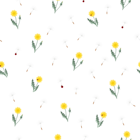 Small dandelion yellow flowers and red ladybugs seamless pattern. Surface floral art design. Great for vintage fabric, wallpaper, giftwrap, scrapbooking. Wildflowers on white background.のイラスト素材