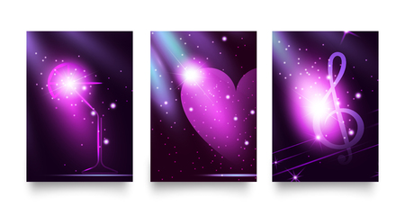 Set fashion lights backgrounds in trendy uv or violet colors. Night party style glow neon disco club. Graphic template with martini glass, heart and treble clef symbols.のイラスト素材
