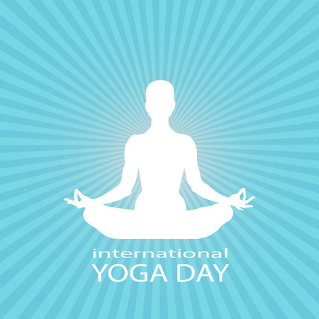 Famale or person body in yoga lotus asana in rays on blue starry space background. White silhouette of a man in a lotus position. International yoga day Vector illustration eps10のイラスト素材