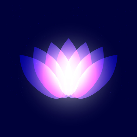 Abstract graphic neon purple yoga lotus petals on dark blue starry sky, space or universe. Shining Lotus Flower design graphic object. International yoga day vector eps 10 illustrationのイラスト素材