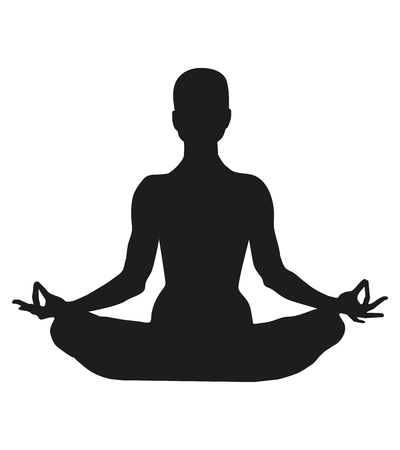 Famale or person body in yoga lotus asana isolated on white background. Black silhouette of a woman in a lotus pose. Graphic object. International yoga day.のイラスト素材