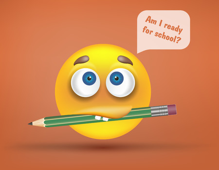 Am I ready for school text question in speech bubble and funny sad smiley with facial expression or emotion and big green pencil in its mouth or lips on bright orange background. Vector illustration.のイラスト素材