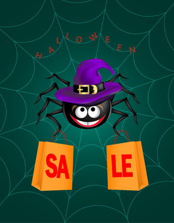 Big Black cute happy smiling spider wearing purple witch hat hanging on cobweb with two shopping bags with text sale on dark green background. Halloween scary funny object.のイラスト素材