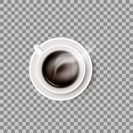 A hot steaming coffee beverage in white ceramic cup or mug on round saucer. Vector realistic object isolated on transparent background.のイラスト素材