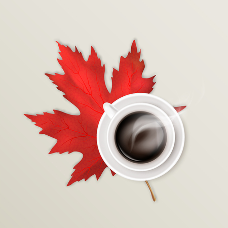 Hot steaming coffee in a white ceramic cup on a saucer and a bright red maple leaf. Autumn background. Vector realistic illustration.のイラスト素材