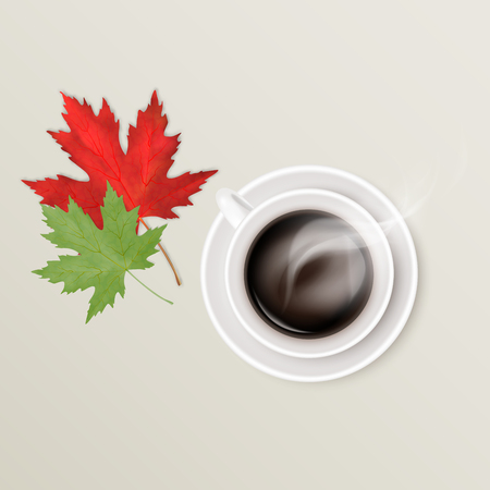 Hot steaming coffee in a white ceramic cup or mug on a round saucer and bright red and green maple leaf. Autumn background. Vector realistic illustration.のイラスト素材