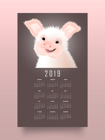 Calendar with the eastern symbol of 2019 the Pig. Happy smiling piggy vector illustartion.のイラスト素材