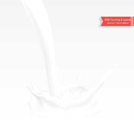 Abstract realistic milk pouring with splash isolated on white background. Vector illustration.のイラスト素材