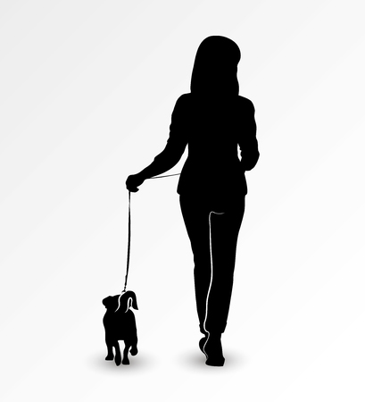 Silhouette of a young woman walking with a dog Jack Russell Terrier on a leash. Vector illustrationのイラスト素材