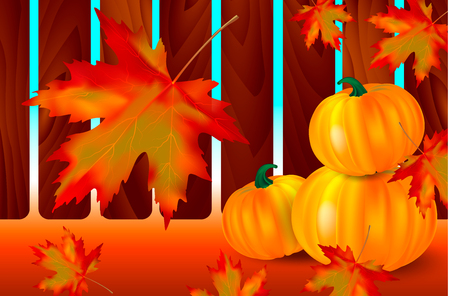 Bright orange pumpkins and falling red maple leaves on a autumn background with wooden fence. Seasonal banner or holiday vintage card. Vector illustration.のイラスト素材