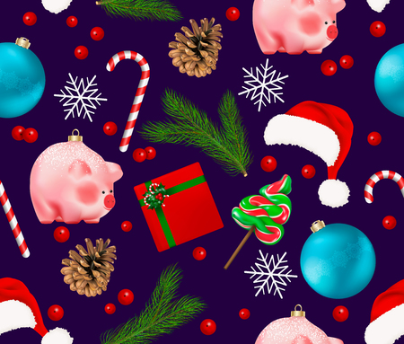 Seamless pattern with winter holiday decor. Set of Christmas Bauble, snowflakes, pig chinese new year symbol, pine branch and cone, red berries, gift box, candies fir tree lollipop and caneのイラスト素材