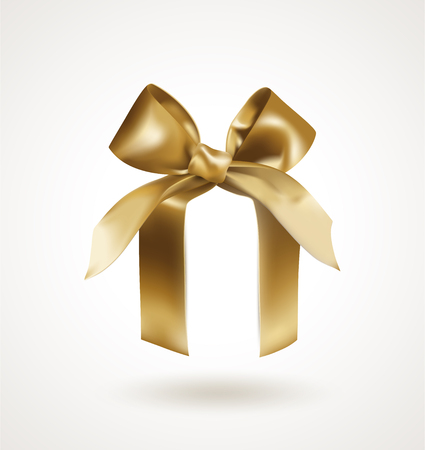 Golden elegant bow with knot on abstract box isolated on white background. Realistic vector illustrationのイラスト素材