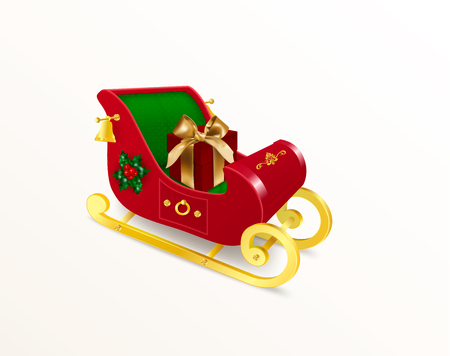 Christmas Santa Claus sleigh with skids decorated with holly plant, ornament and bells with red gift box with bow. Realistic Vector Illustration in traditional colors isolated on white backgroundのイラスト素材